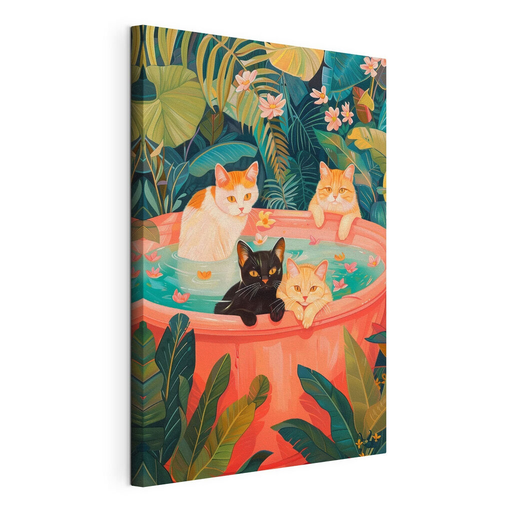 Katten in tropisch bad, gespannen canvas met doorlopende rand