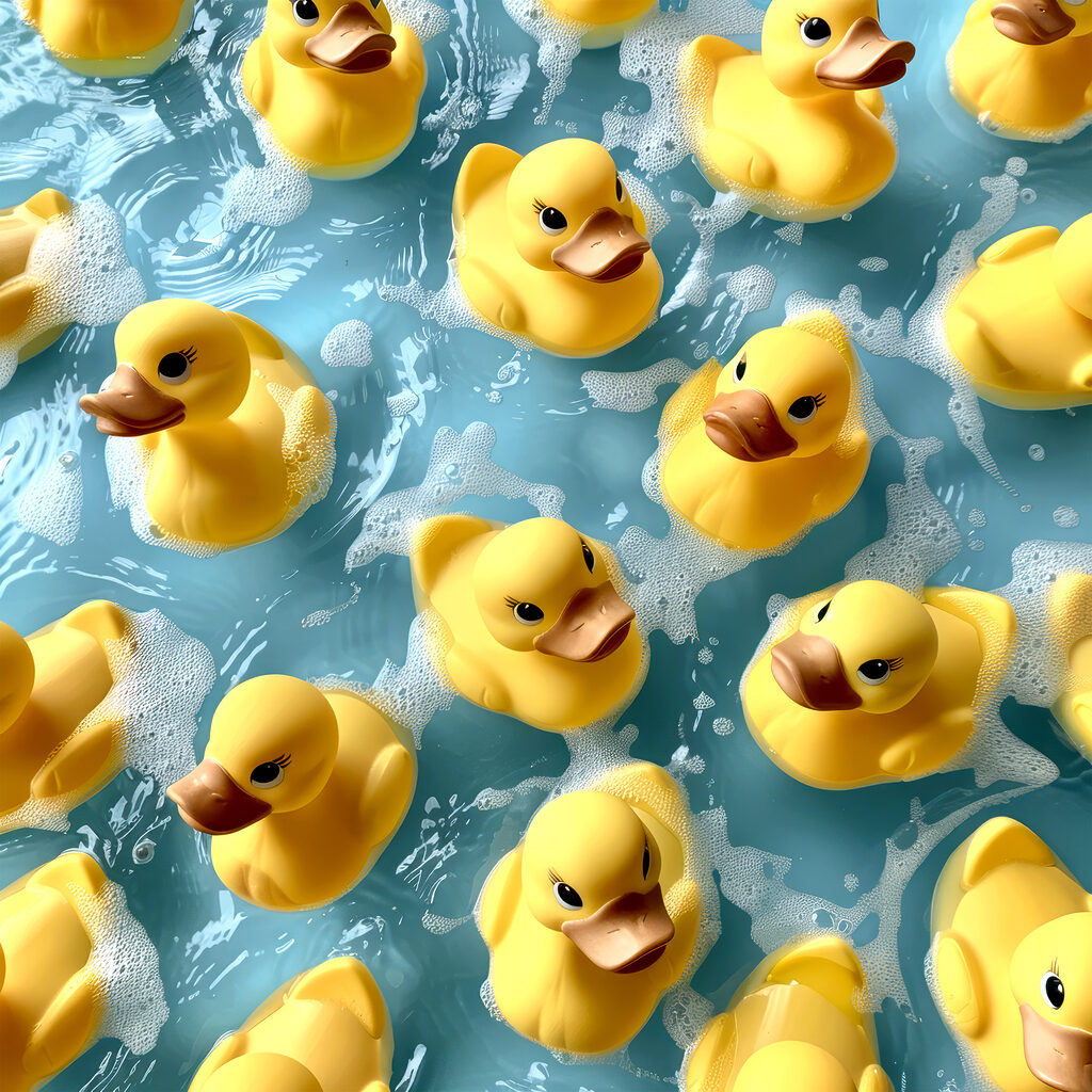 Badeendjes op blauw water — volledig ontwerp