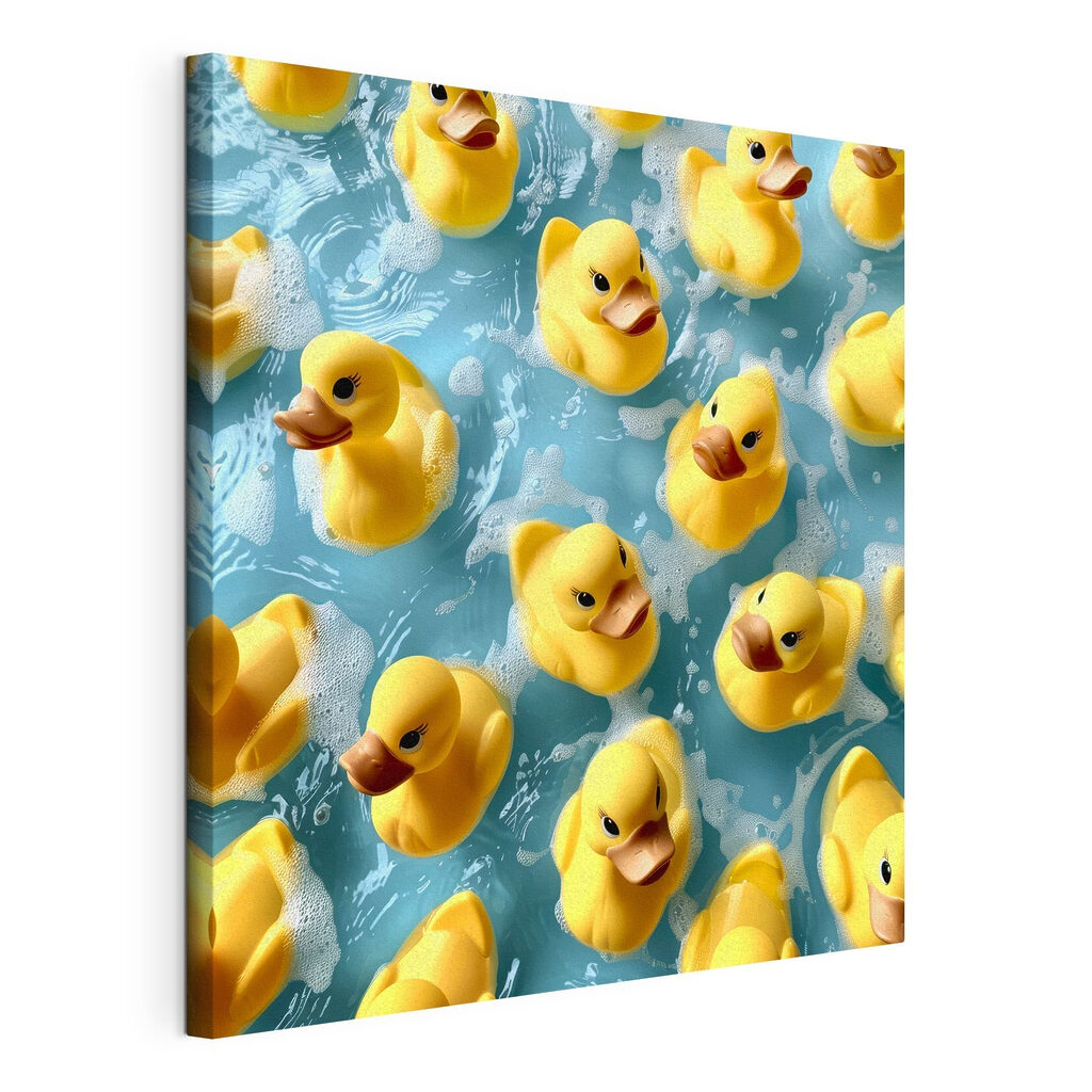 Badeendjes op blauw water, gespannen canvas met doorlopende rand