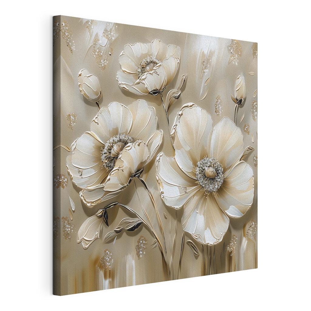 Witte bloemen op zandbeige, gespannen canvas met doorlopende rand