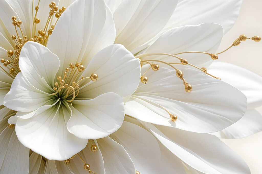 Witte bloei, gouden knopjes — volledig ontwerp