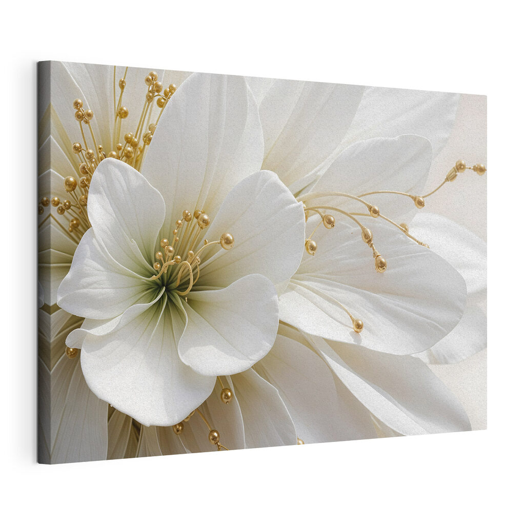 Witte bloei, gouden knopjes, gespannen canvas met doorlopende rand