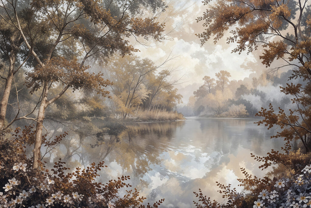 Bomen rond een spiegelmeer — volledig ontwerp