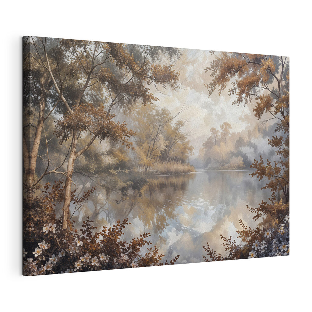 Bomen rond een spiegelmeer, gespannen canvas met doorlopende rand