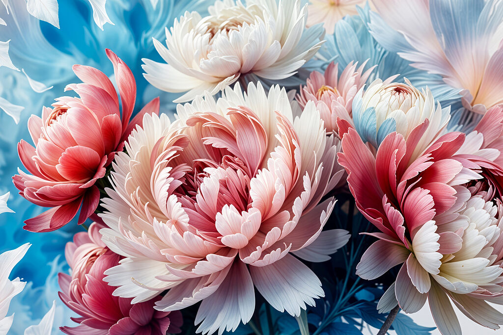 Roze pioenrozen tussen blauw — volledig ontwerp