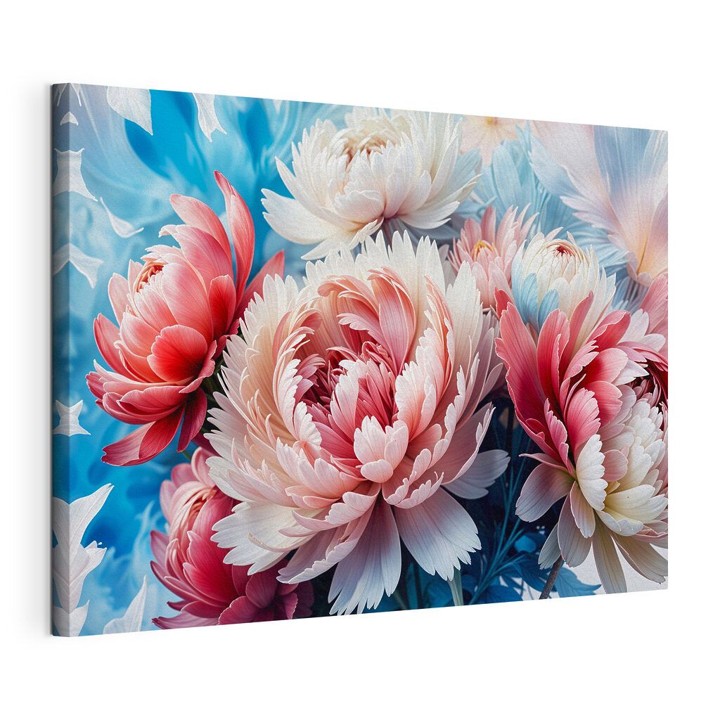Roze pioenrozen tussen blauw, gespannen canvas met doorlopende rand