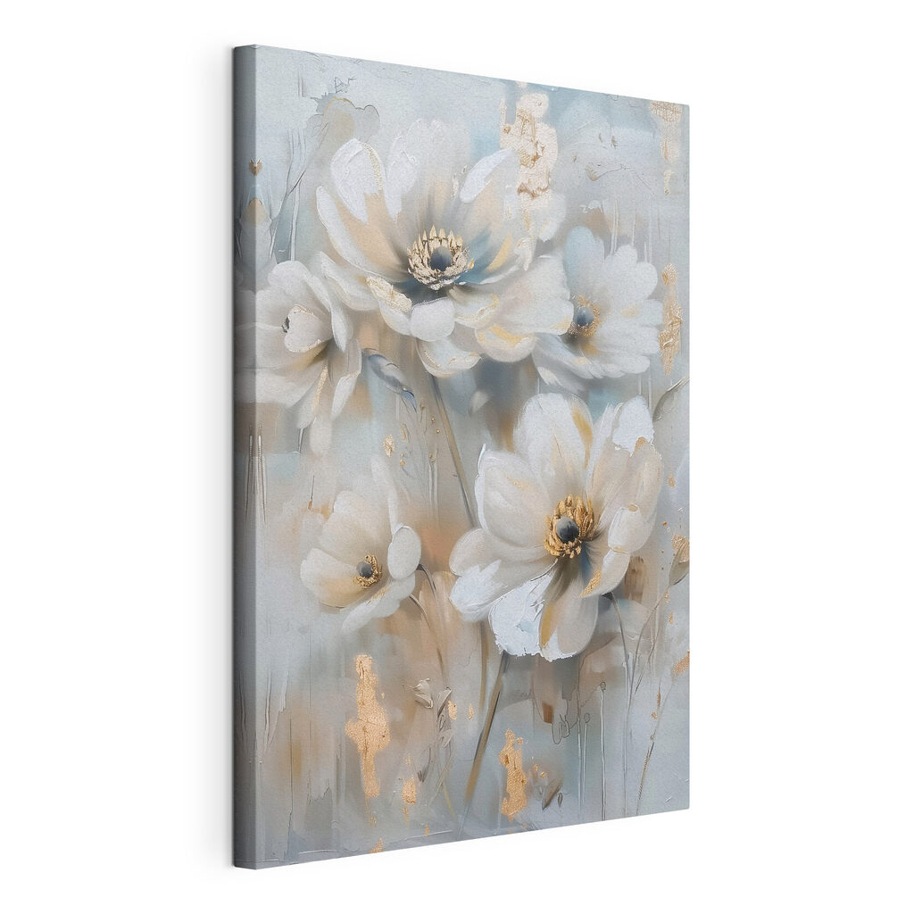 Witte bloei tussen blauw, gespannen canvas met doorlopende rand