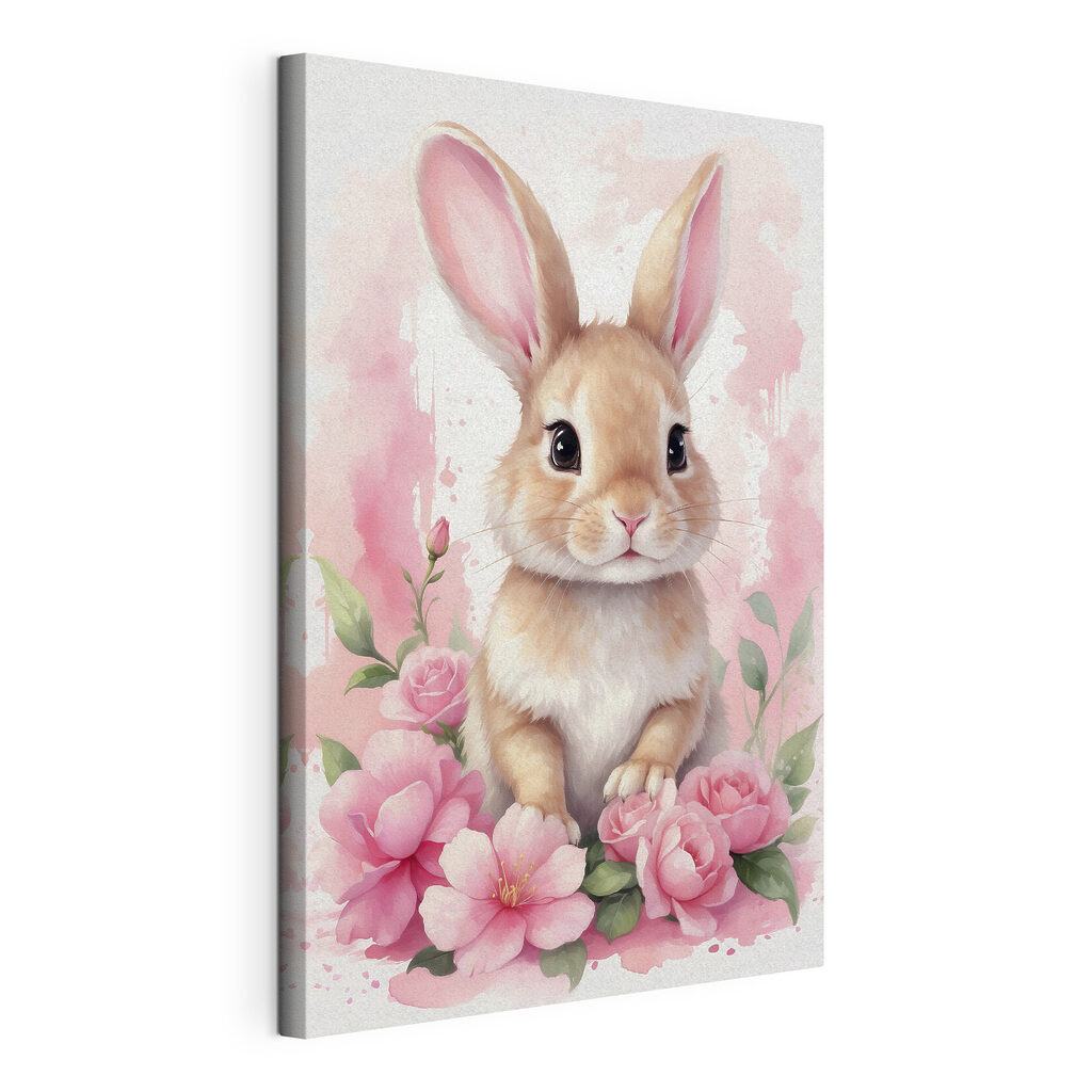 Konijntje in roze tuin, gespannen canvas met doorlopende rand
