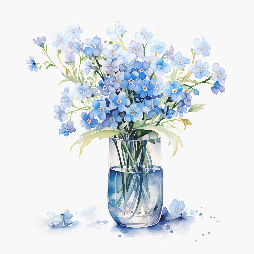 Vergeet-mij-nietjes in blauw glas — volledig ontwerp