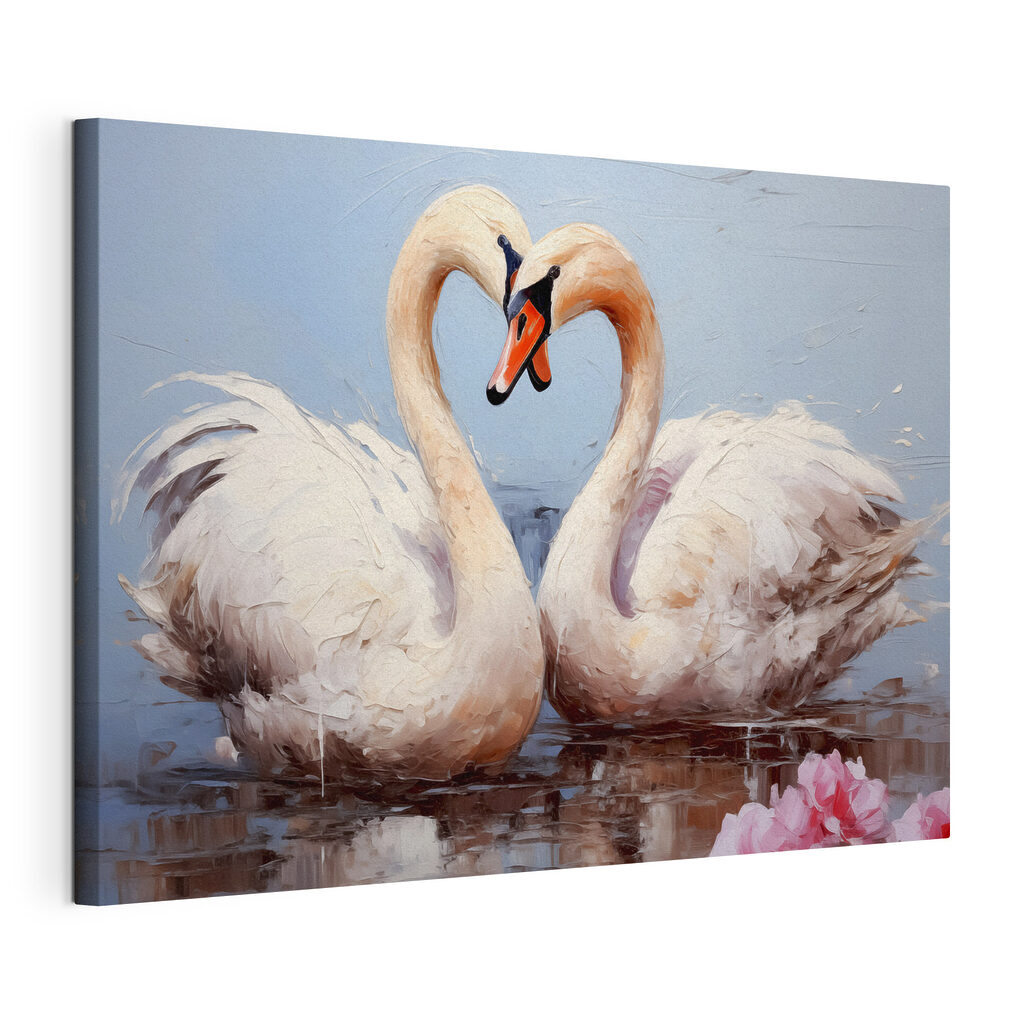 Zwanen vormen een hart, gespannen canvas met doorlopende rand