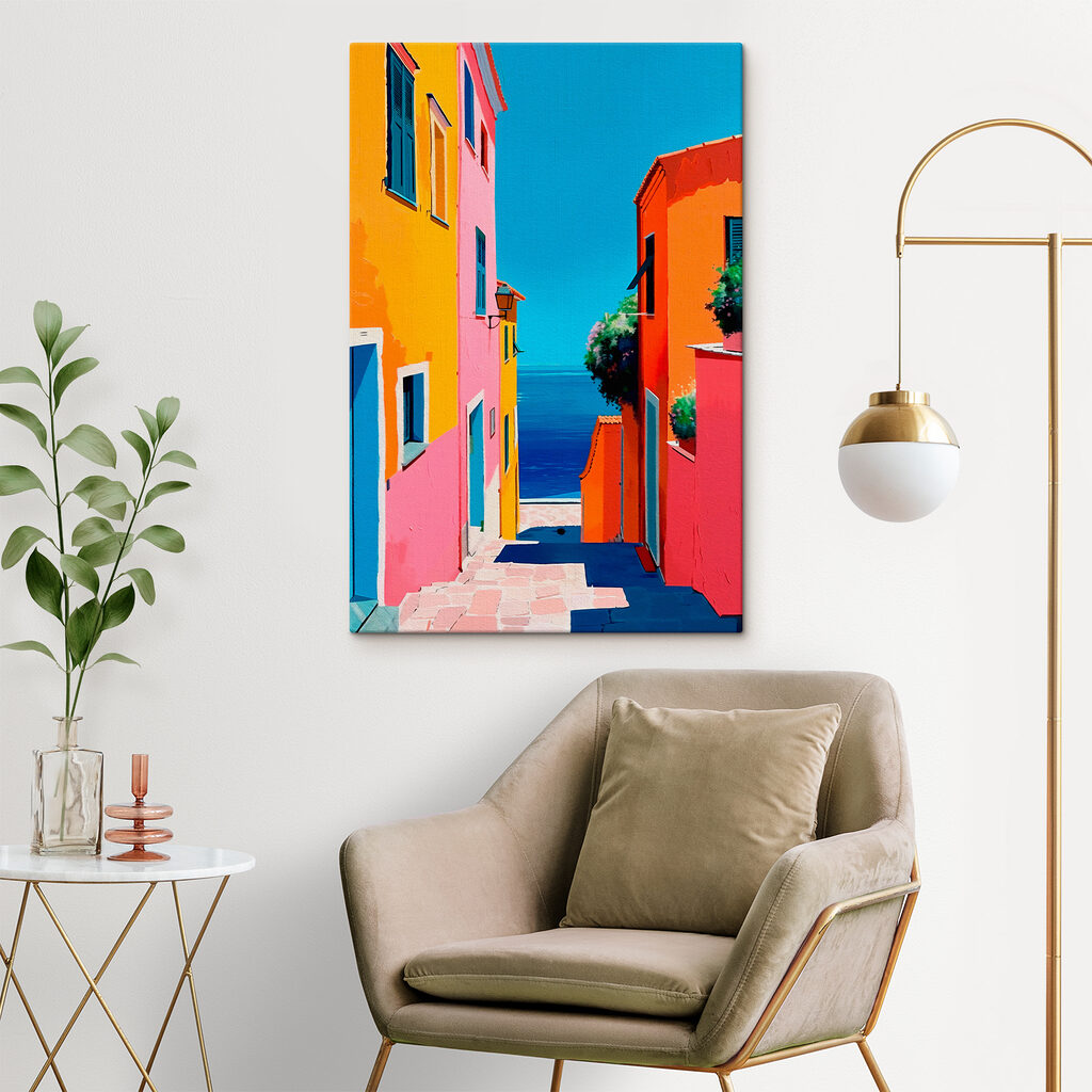Kleurrijke trap naar zee in een interieur
