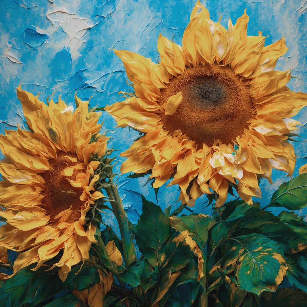 Twee zonnebloemen tegen hemelsblauw — volledig ontwerp