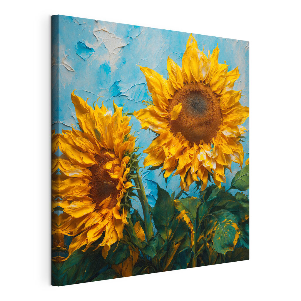 Twee zonnebloemen tegen hemelsblauw, gespannen canvas met doorlopende rand