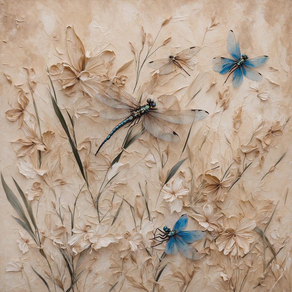Libellen tussen beige bloemen — volledig ontwerp