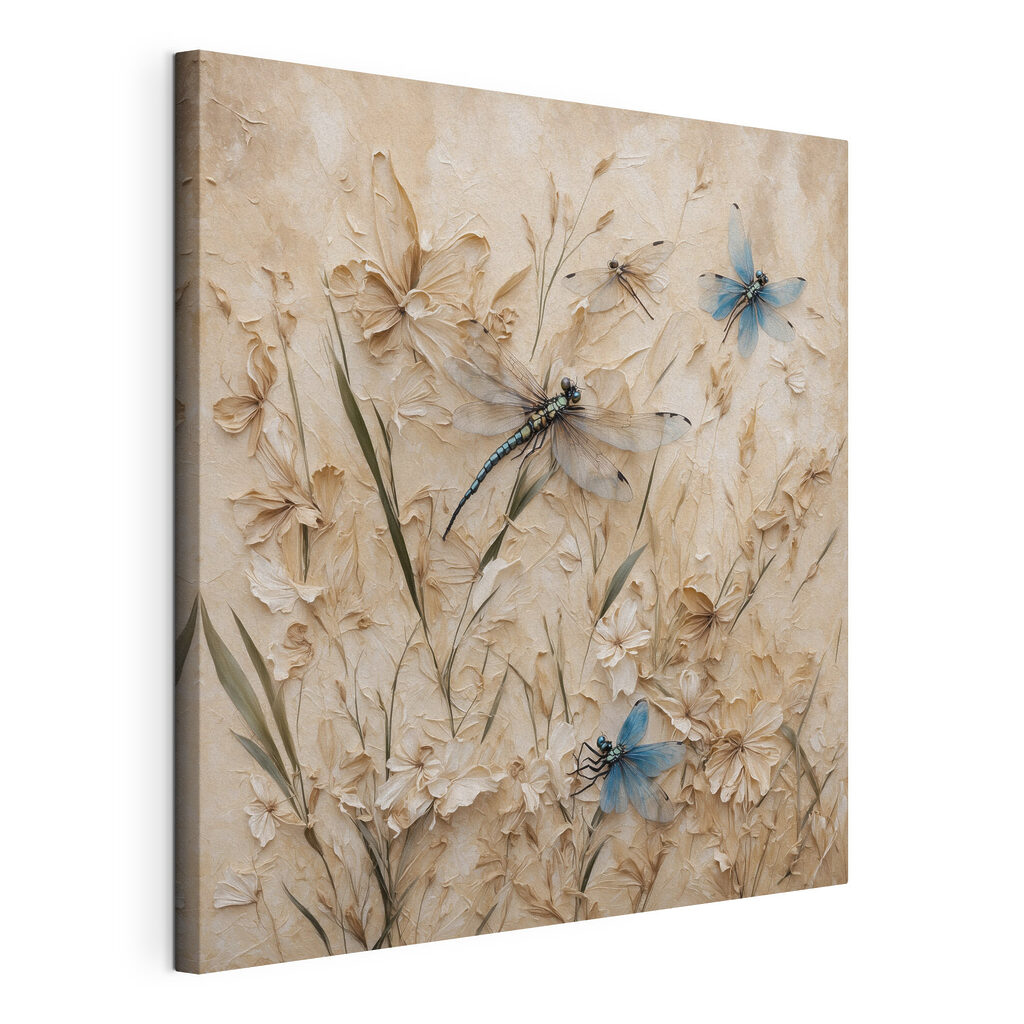 Libellen tussen beige bloemen, gespannen canvas met doorlopende rand