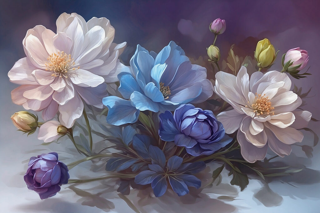 Witte bloemen naast diepblauw — volledig ontwerp