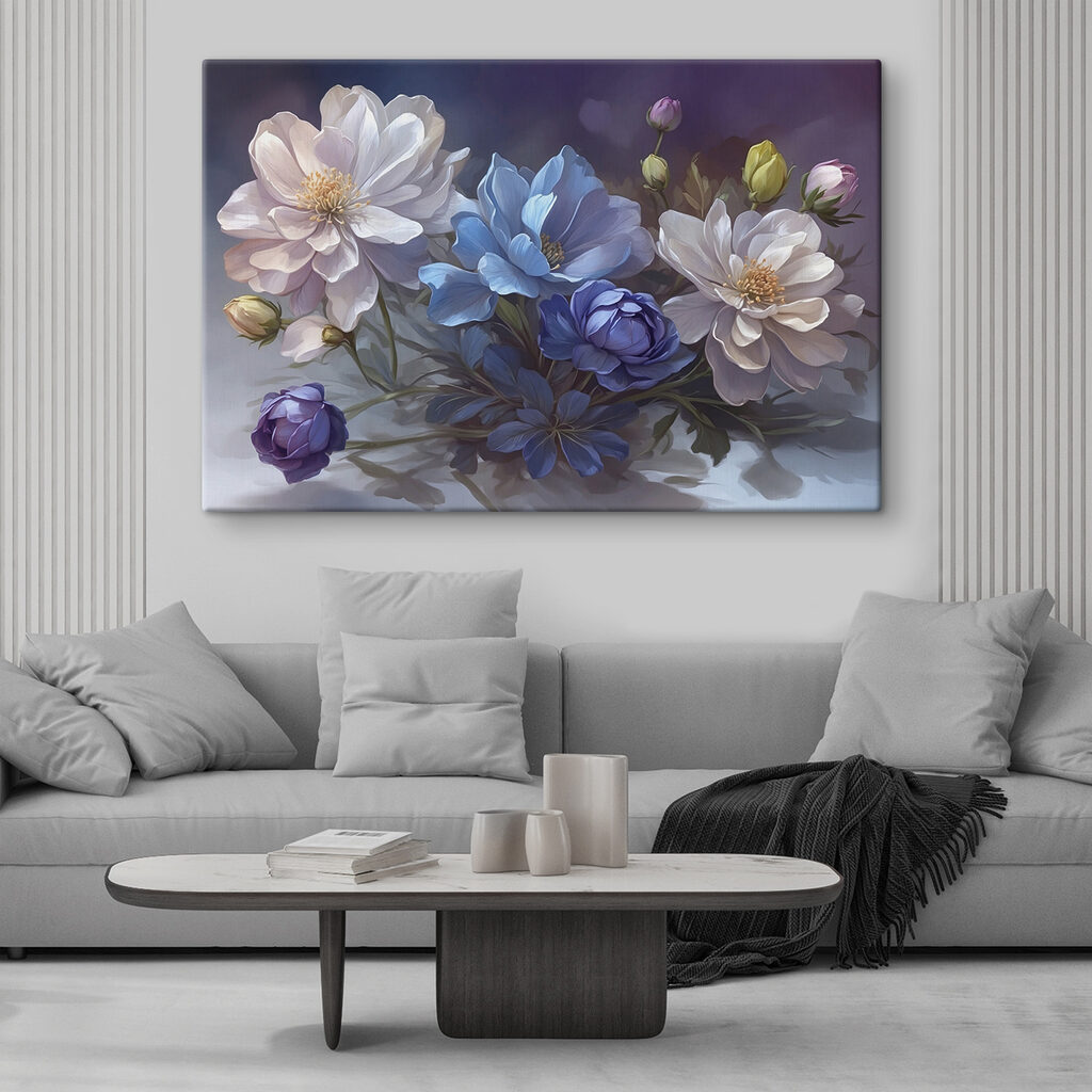 Witte bloemen naast diepblauw — interieur 2
