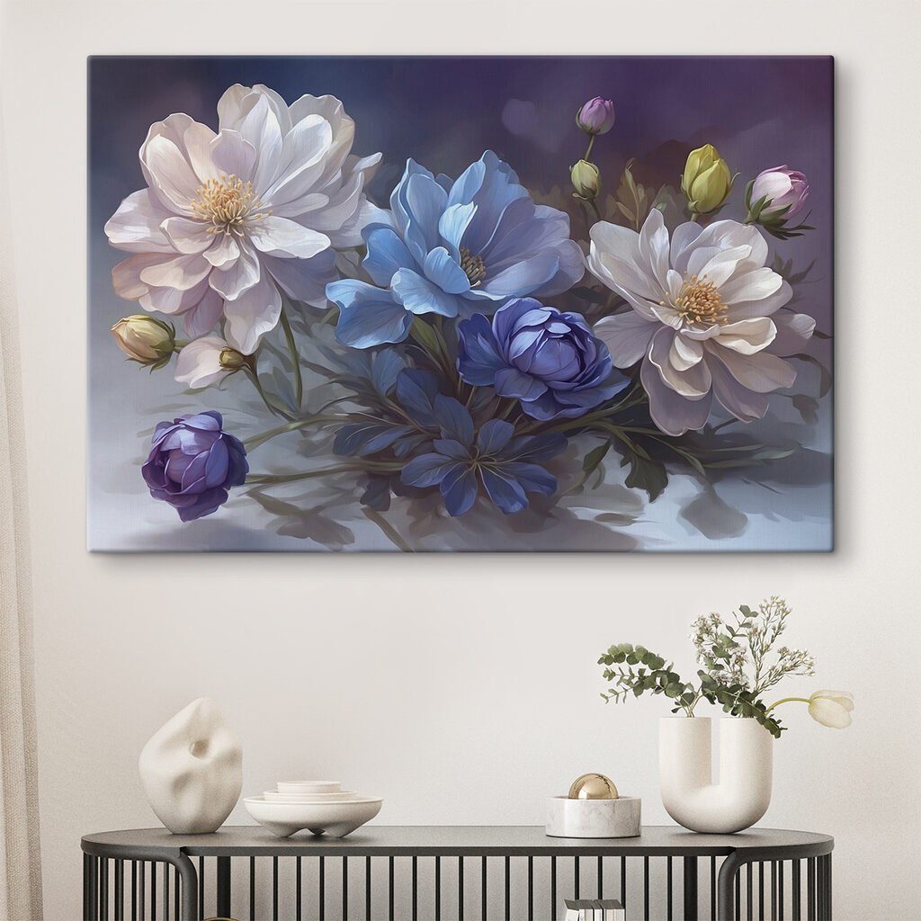 Witte bloemen naast diepblauw — interieur 1