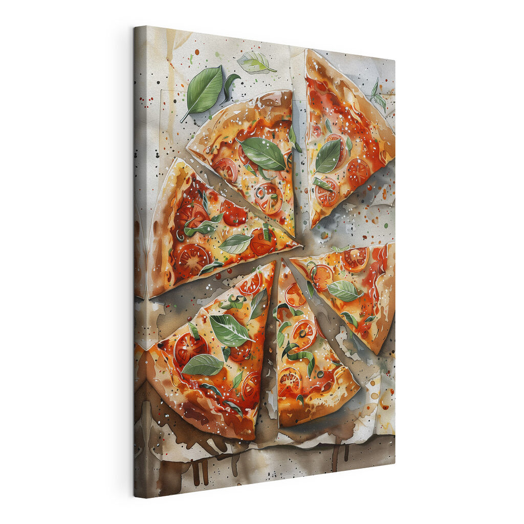 Pizzapunten naast basilicum, gespannen canvas met doorlopende rand