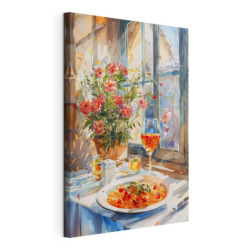 Pasta in het raamlicht, gespannen canvas met doorlopende rand