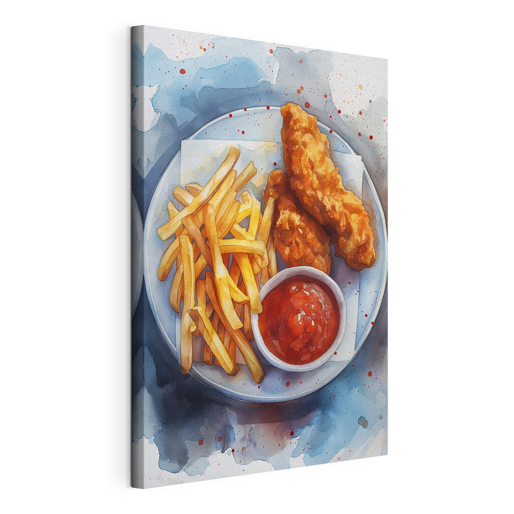 Frietjes naast krokante vis, gespannen canvas met doorlopende rand