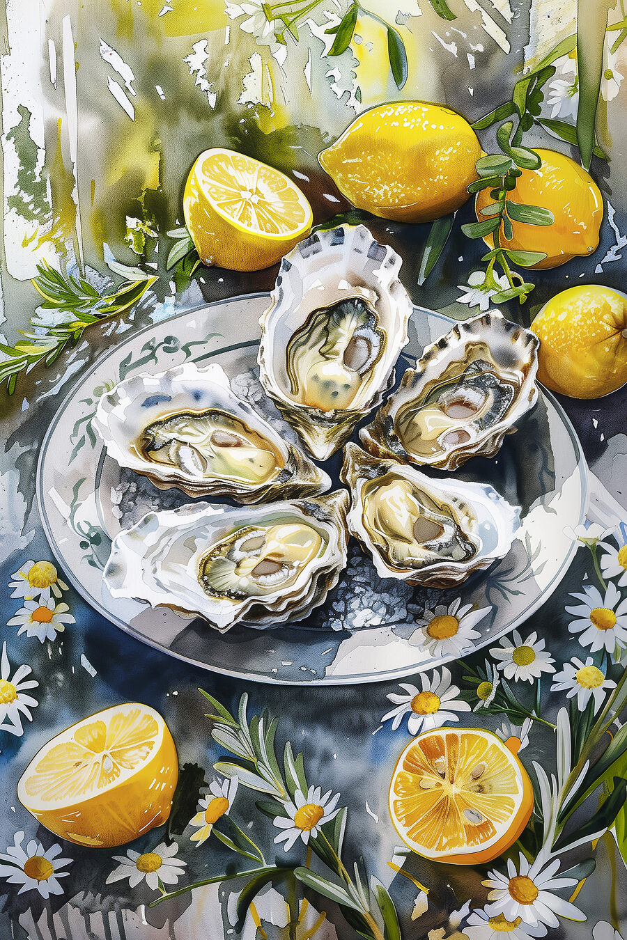 Oesters tussen bloeiende citroenen — volledig ontwerp