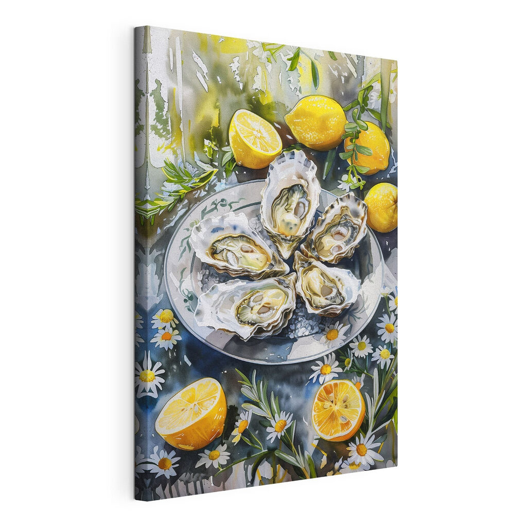 Oesters tussen bloeiende citroenen, gespannen canvas met doorlopende rand