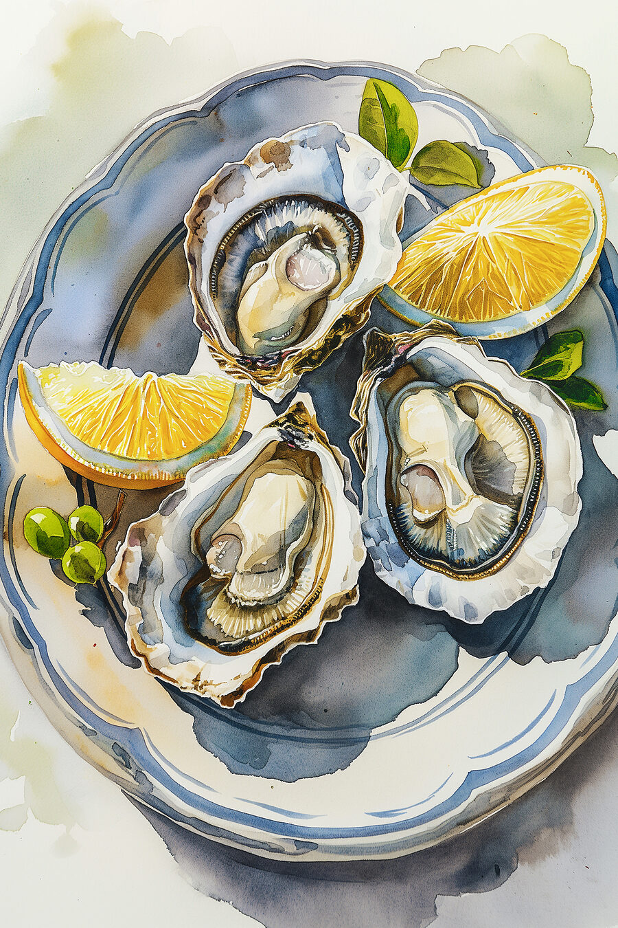 Drie oesters op blauw — volledig ontwerp