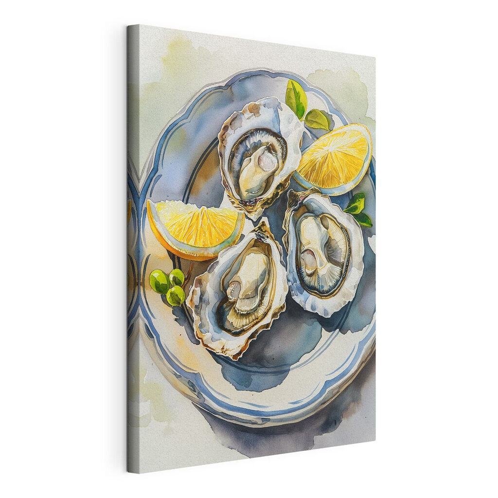 Drie oesters op blauw, gespannen canvas met doorlopende rand