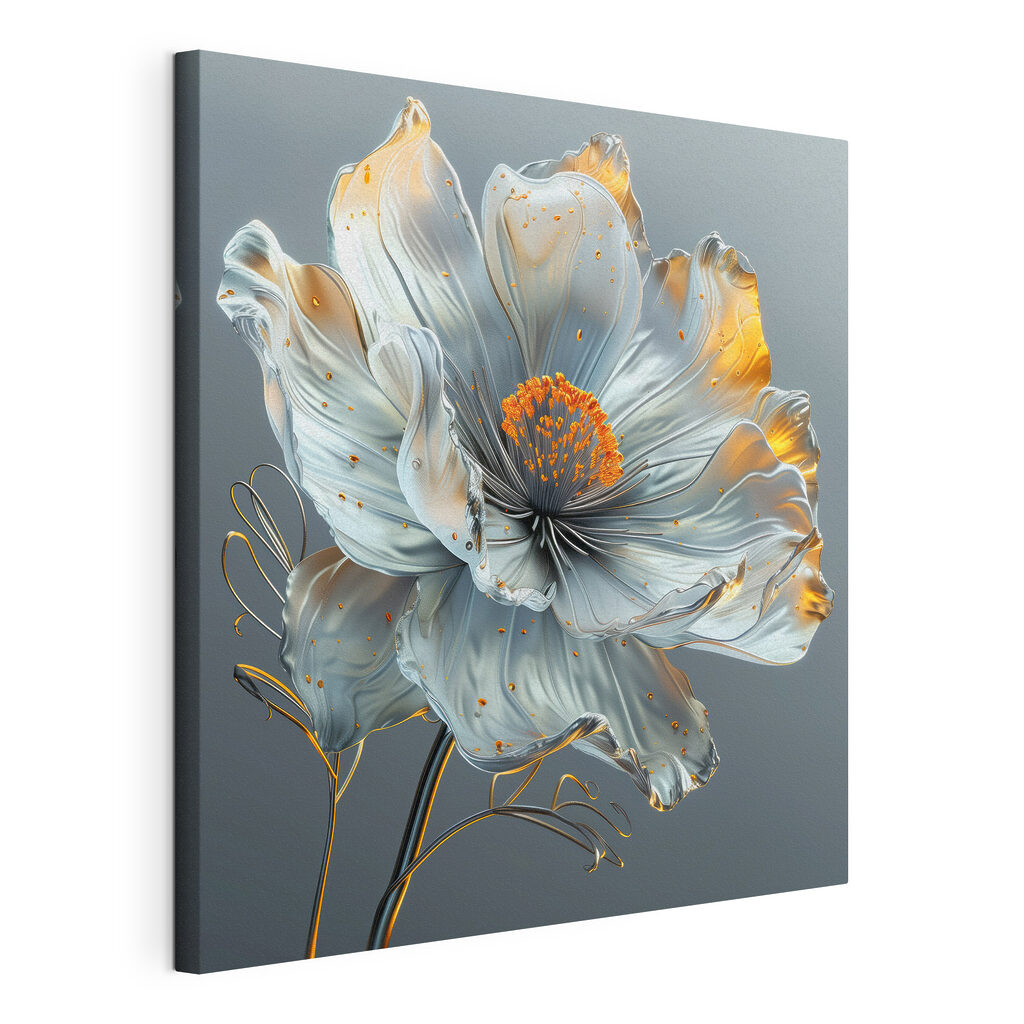 Een bloem in zilverblauw, gespannen canvas met doorlopende rand