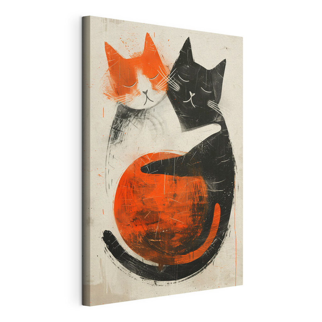Twee katten in omarming, gespannen canvas met doorlopende rand