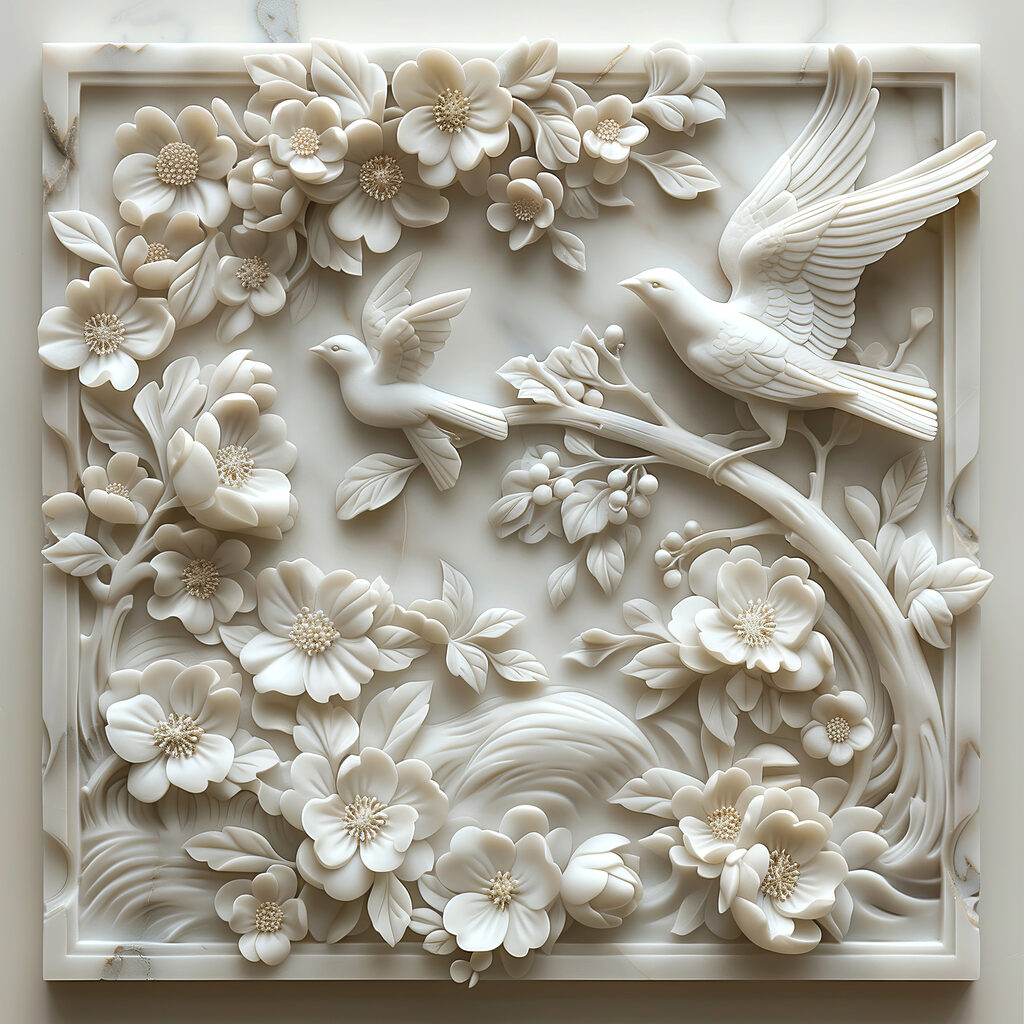 Witte vogels in bloementakken — volledig ontwerp