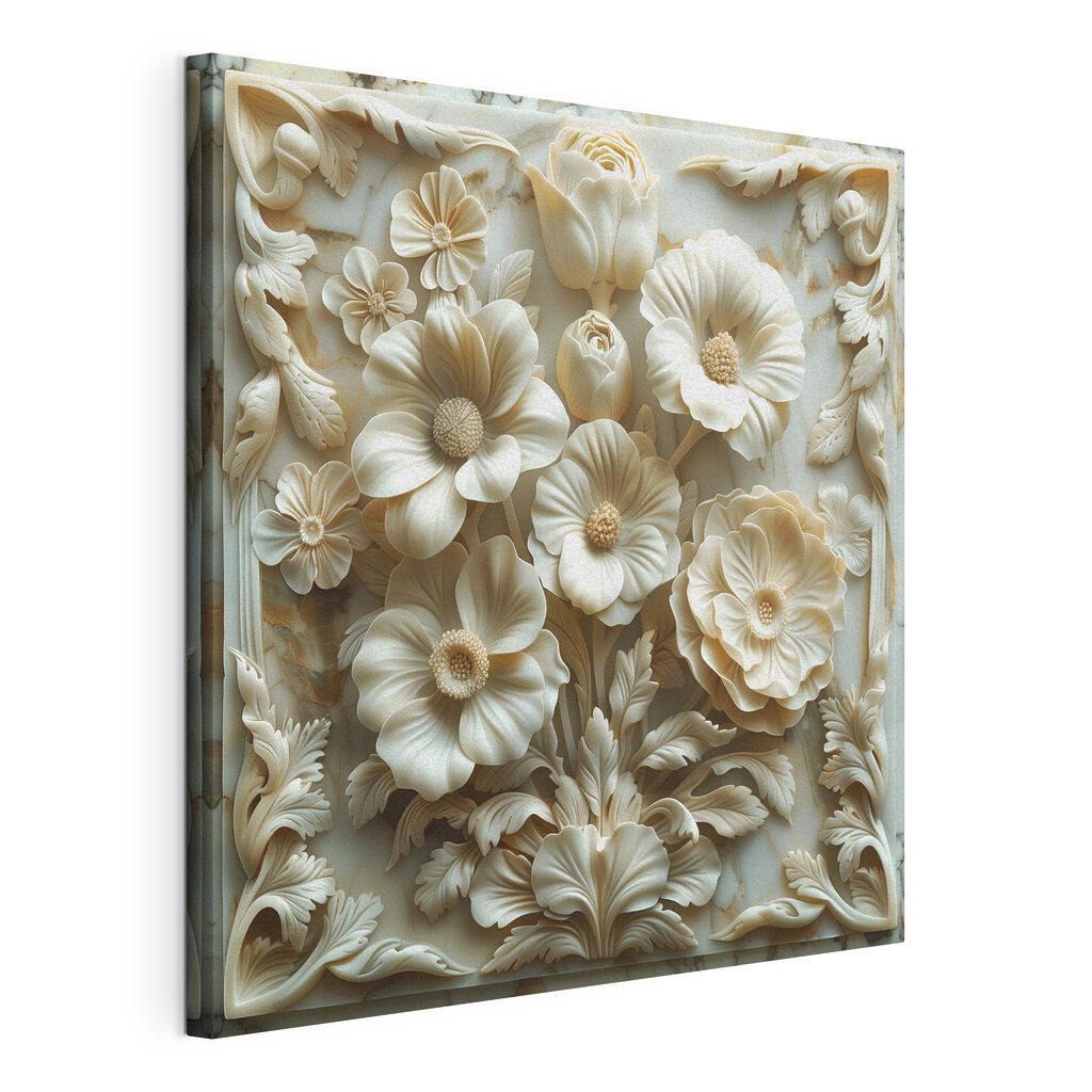 Witte bloemen in sierlijst, gespannen canvas met doorlopende rand