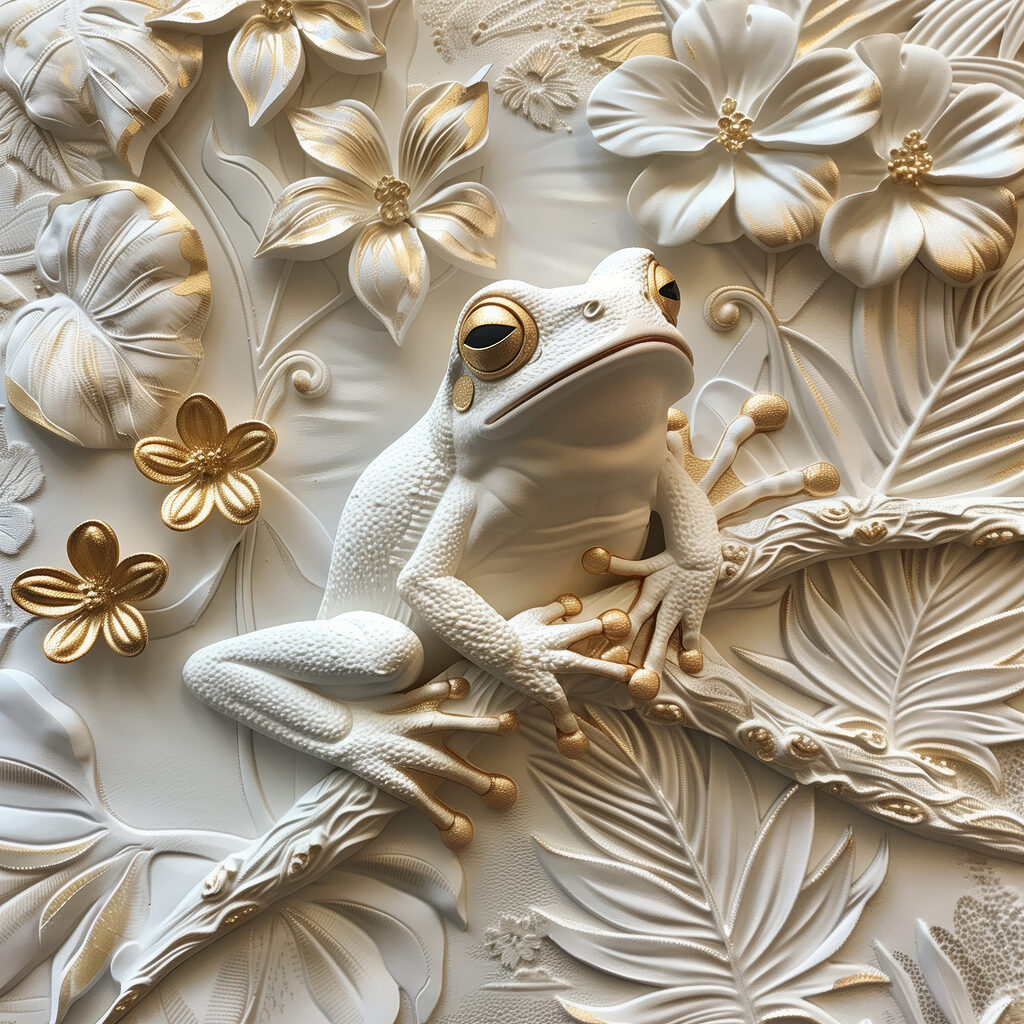 Kikker tussen witte bloemen — volledig ontwerp