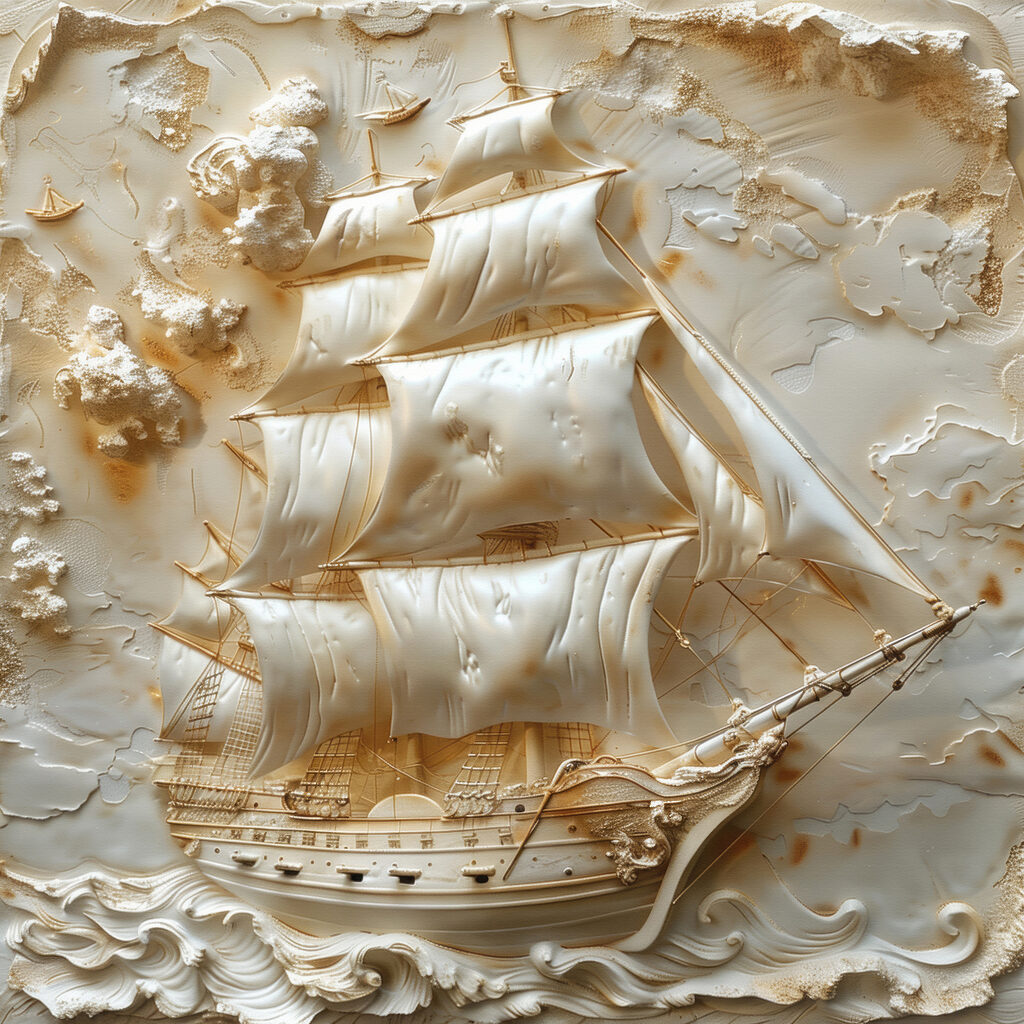 Zeilschip in roomwitte golven — volledig ontwerp