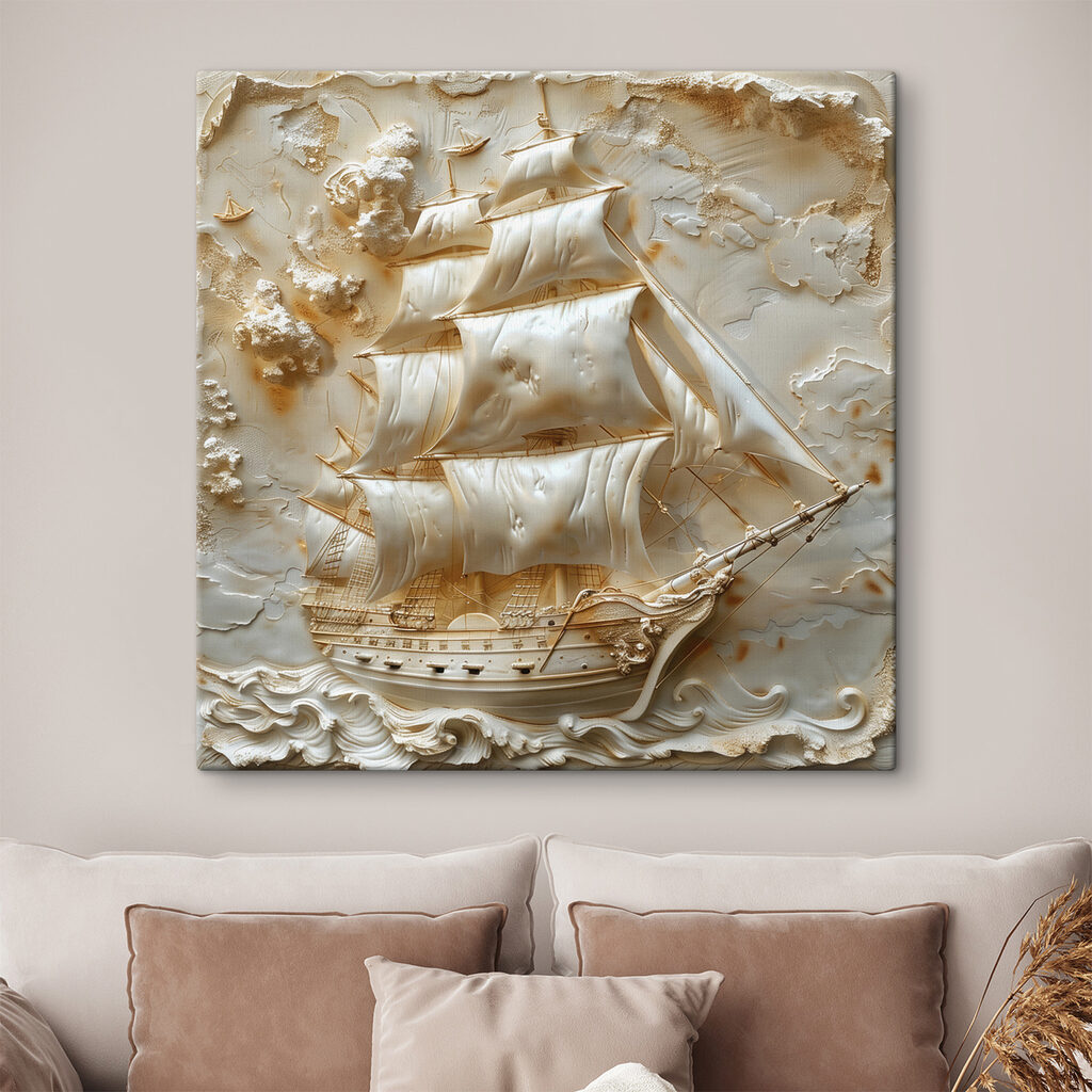 Zeilschip in roomwitte golven — interieur 2