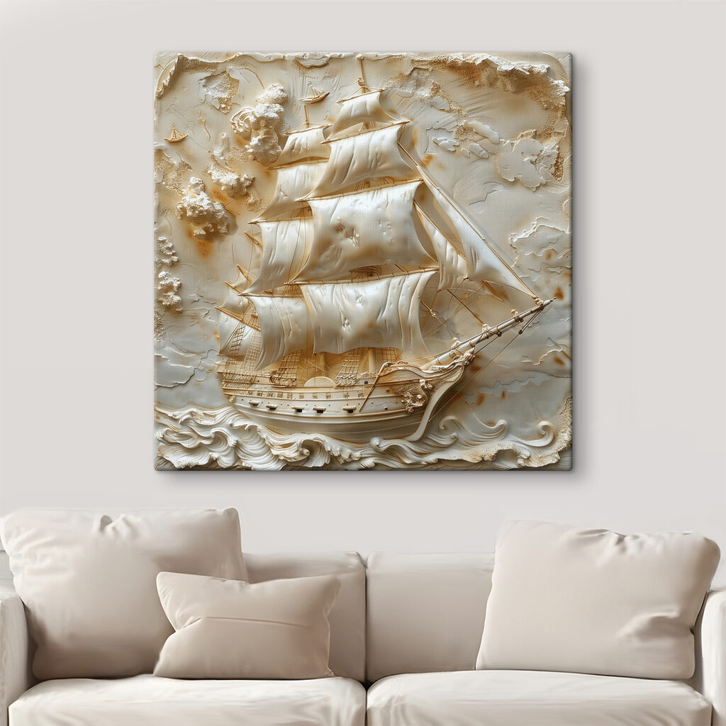 Zeilschip in roomwitte golven — interieur 1
