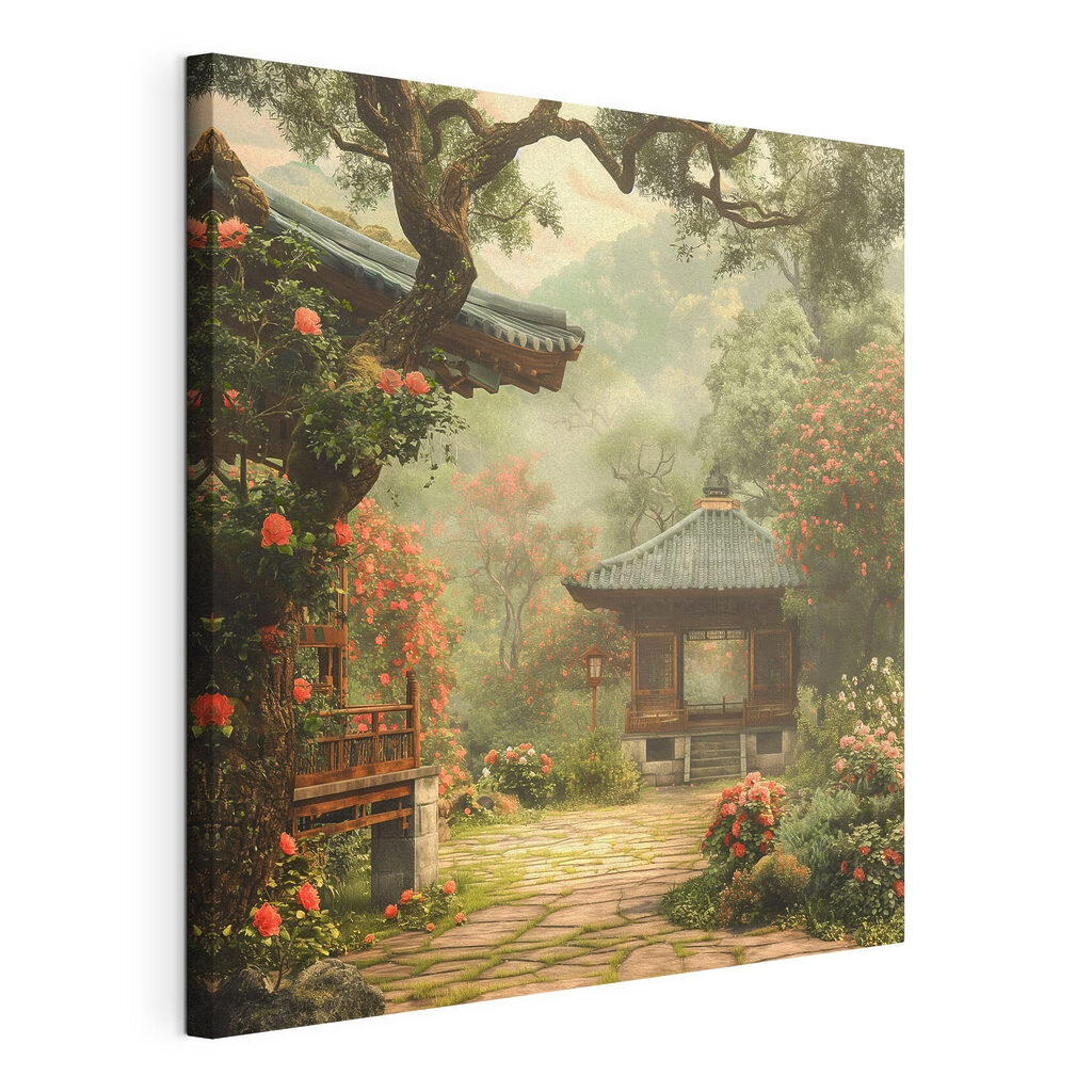 Tuin met prieel en bomen, gespannen canvas met doorlopende rand