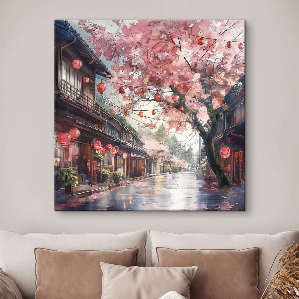 Straat met roze lantaarns en bomen in een interieur
