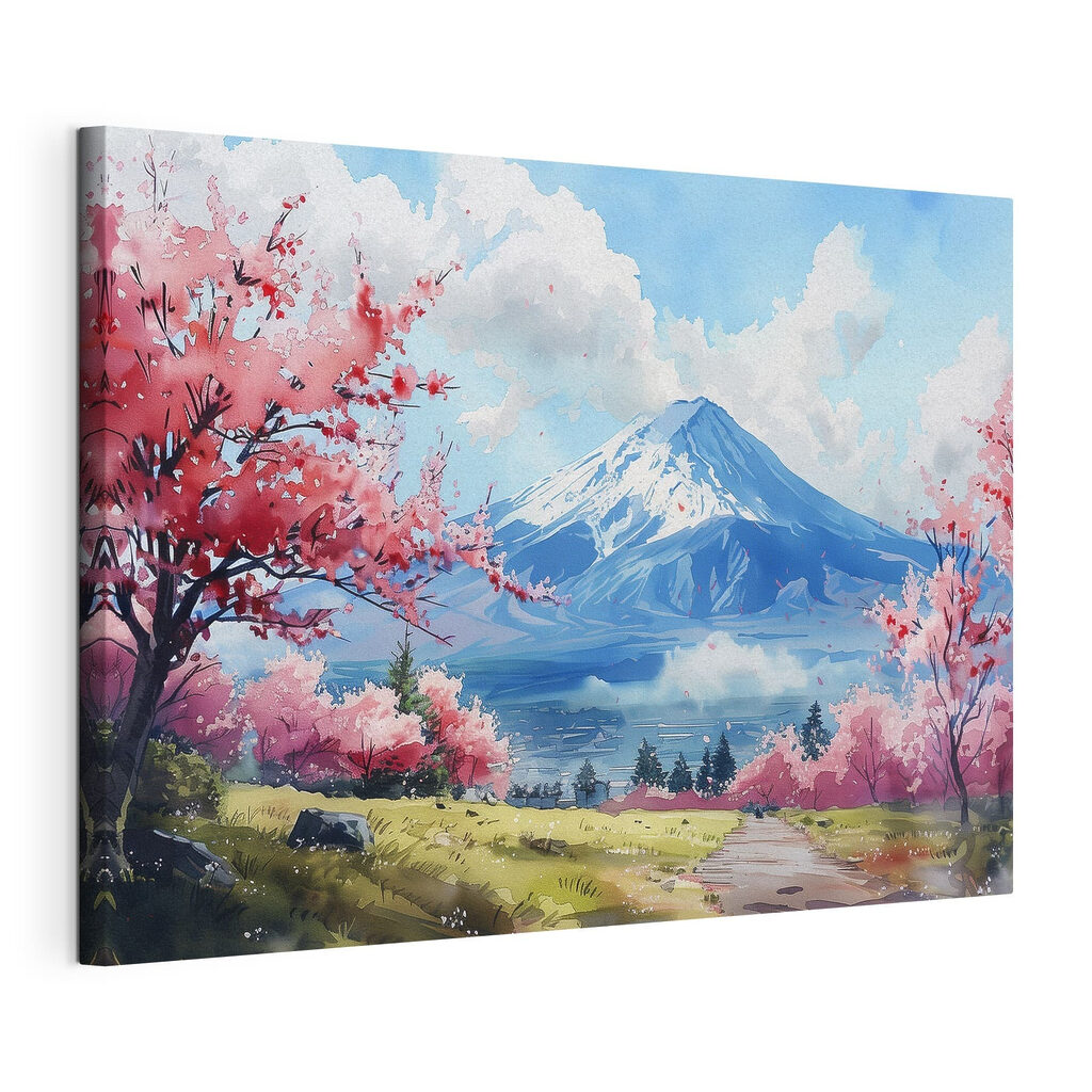 Berglandschap in bloei, gespannen canvas met doorlopende rand
