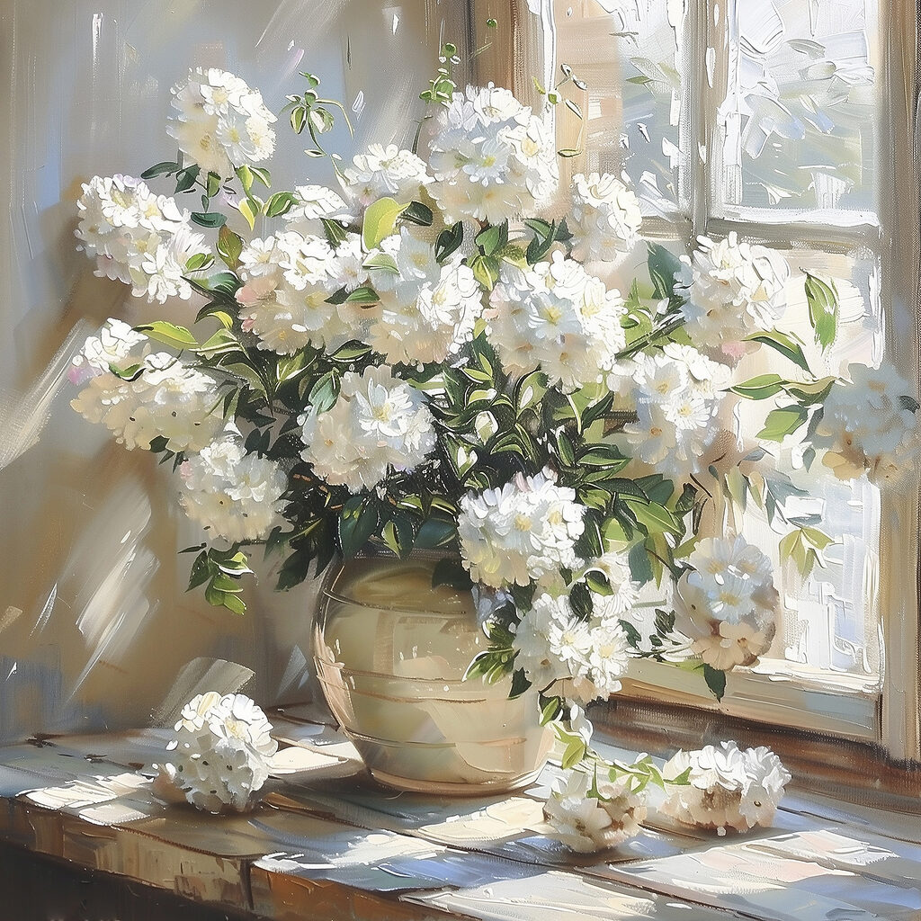Witte hortensia’s bij raamlicht — volledig ontwerp