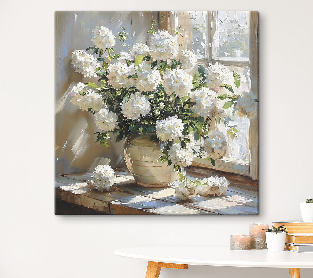 Vaas met witte bloemen voor een raam in een interieur