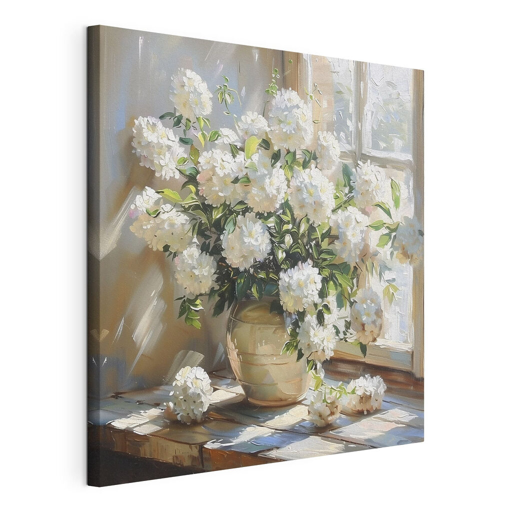 Witte hortensia’s bij raamlicht — productweergave