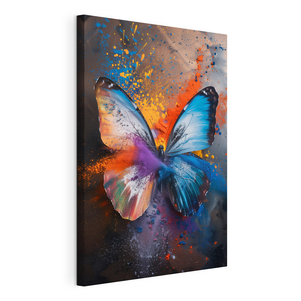 Blauwe vlinder door spatten, gespannen canvas met doorlopende rand