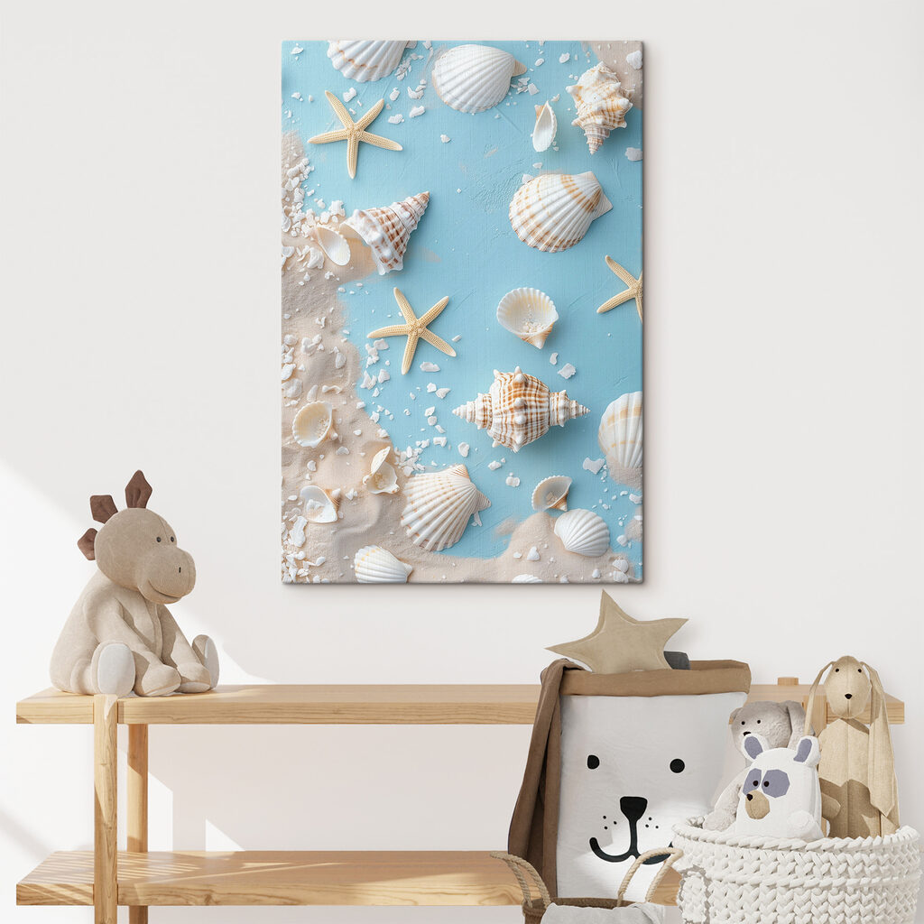 Schelpen verspreid over zeeblauw — interieur 2