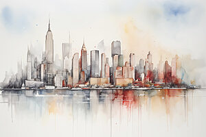 Skyline in fijne aquarellijnen — volledig ontwerp