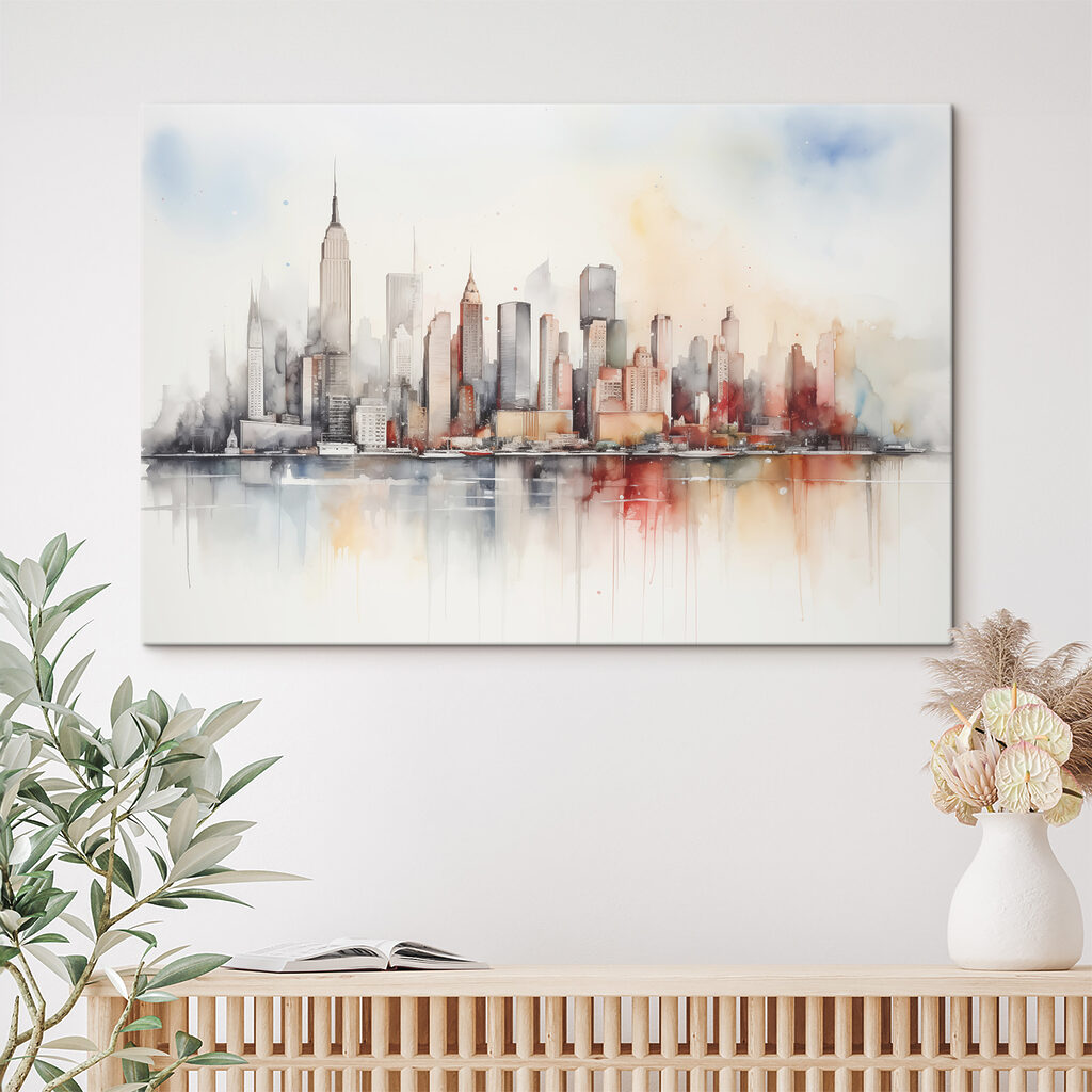 Aquarel van een stad in een interieur