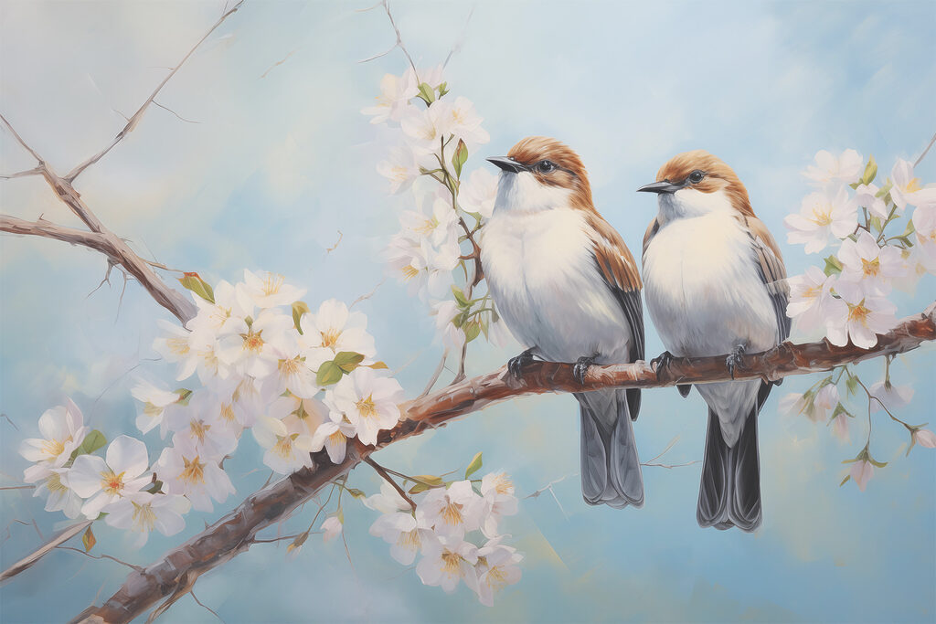 Twee vogels op bloesemtak — volledig ontwerp