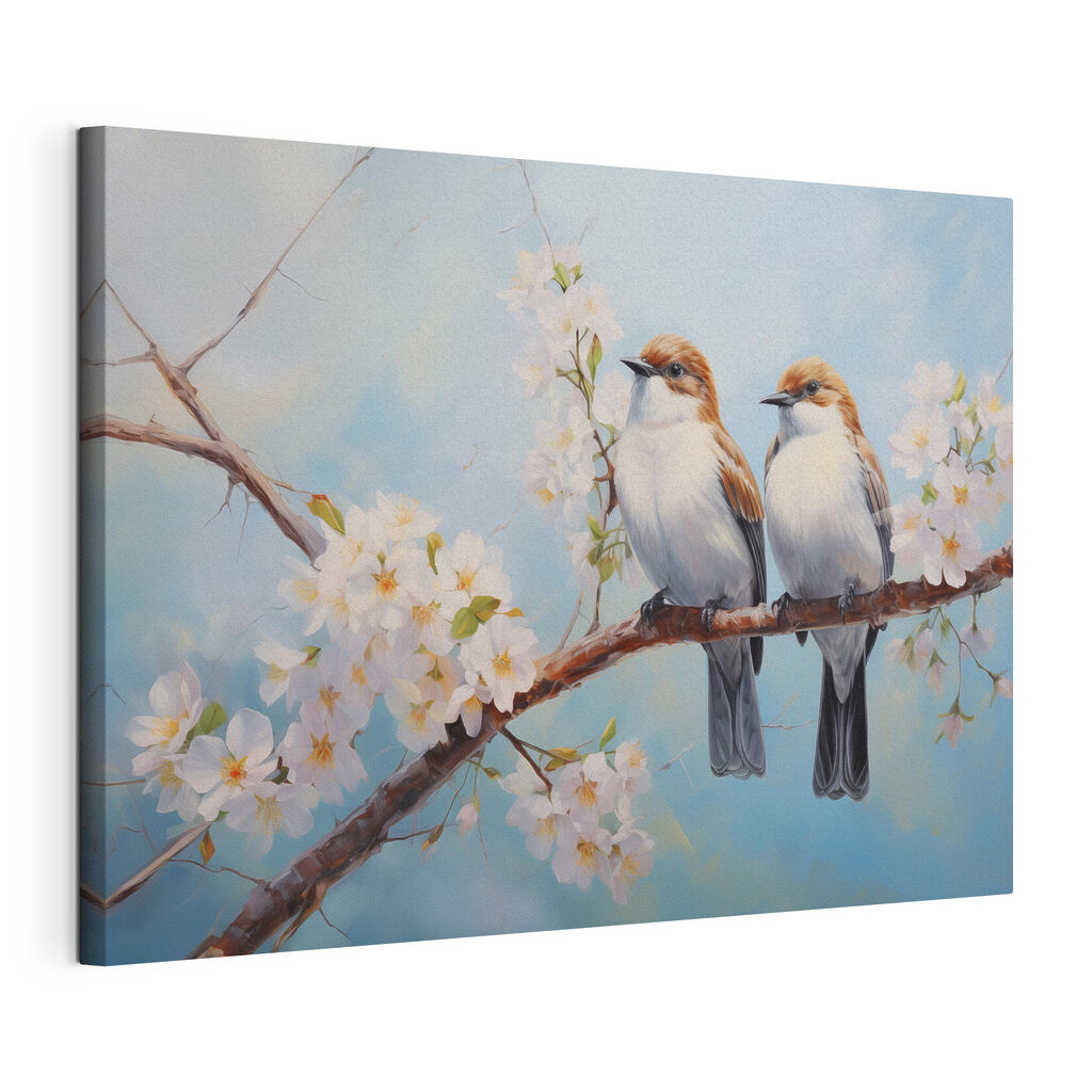 Twee vogels op bloesemtak, gespannen canvas met doorlopende rand