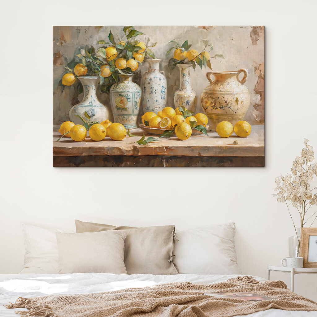 Schilderij van citroenen en vazen op een tafel in een interieur